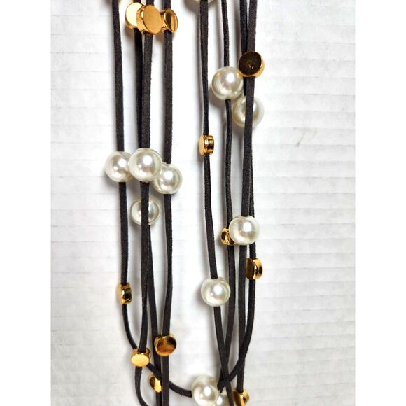 Layered Faux Pearl & Brass Disc Necklace 36” Gray Suede Cord Boho Chic Statement - Picture 4 of 6